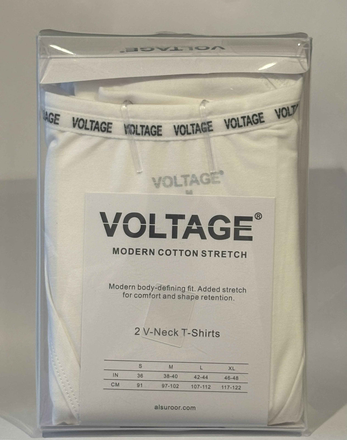 VOLTAGE V-Neck T-Shirts | Modern Cotton Stretch | 95% Cotton 5% Spandex | White | 2-Pack - Al Suroor Markets