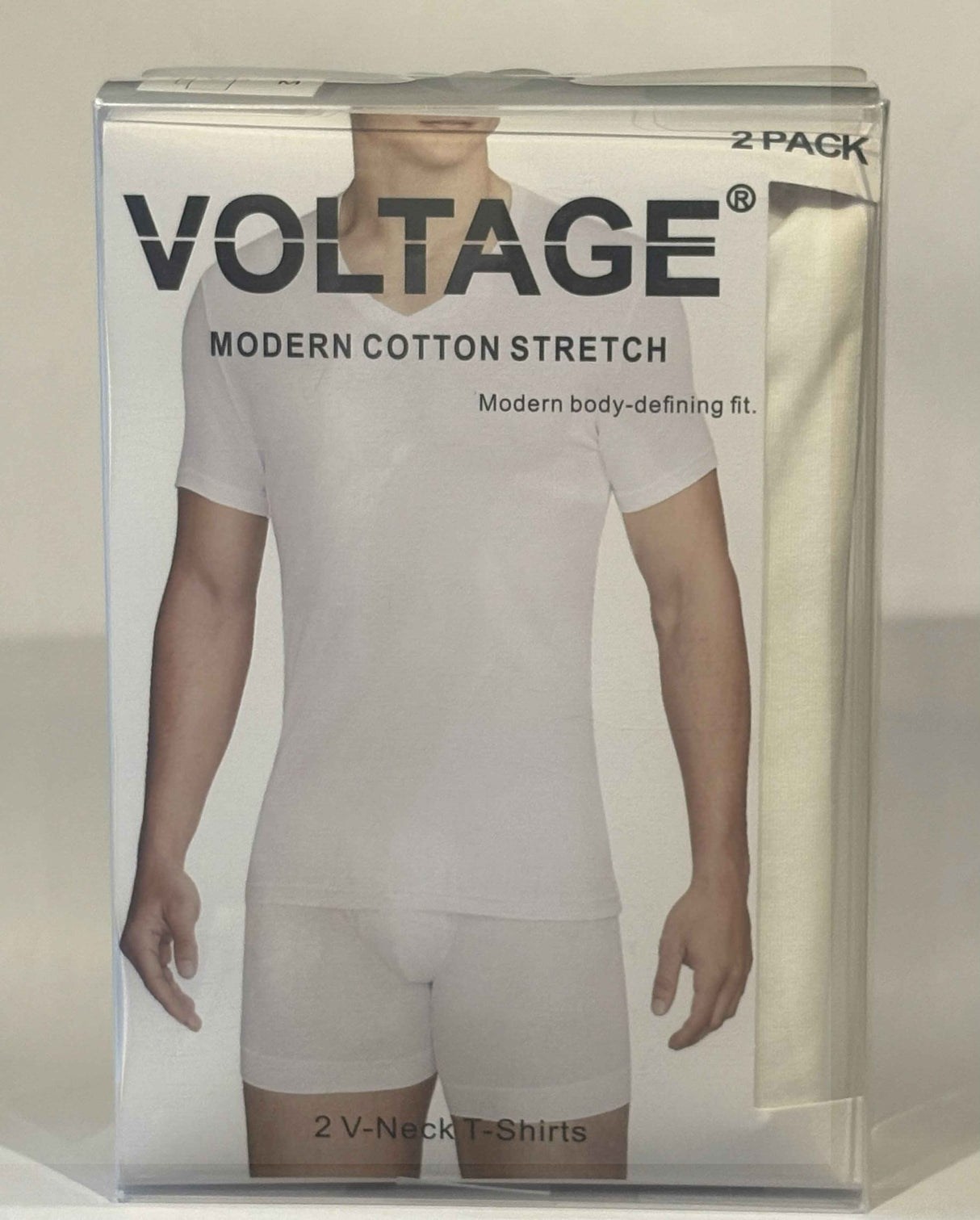 تيشيرتات VOLTAGE برقبة على شكل حرف V | قطن سترتش عصري | 95% قطن، 5% سباندكس | أبيض | عبوة من قطعتين