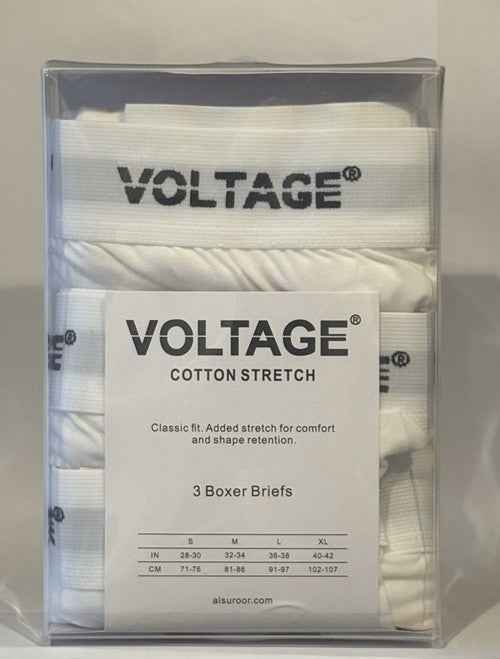 VOLTAGE Boxer Briefs | Modern Cotton Stretch | Classic Fit | 95% Cotton 5% Spandex | White | 3-Pack - Al Suroor Markets