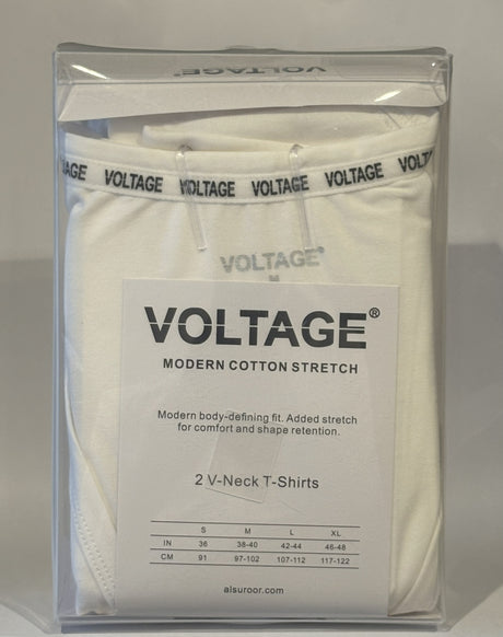 تيشيرتات VOLTAGE برقبة على شكل حرف V | قطن سترتش عصري | 95% قطن، 5% سباندكس | أبيض | عبوة من قطعتين