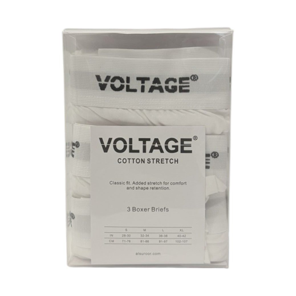 VOLTAGE Boxer Briefs | Modern Cotton Stretch | Classic Fit | 95% Cotton 5% Spandex | White | 3-Pack