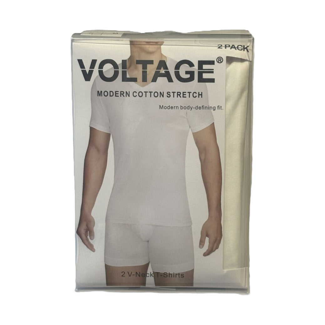 VOLTAGE V-Neck T-Shirts | Modern Cotton Stretch | 95% Cotton 5% Spandex | White | 2-Pack